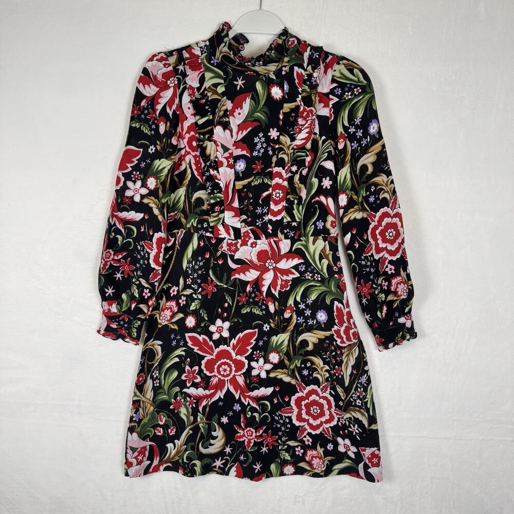 Zara Ruffled Floral Mini Dress Lace Black Red S Summer 7938/851/800 New